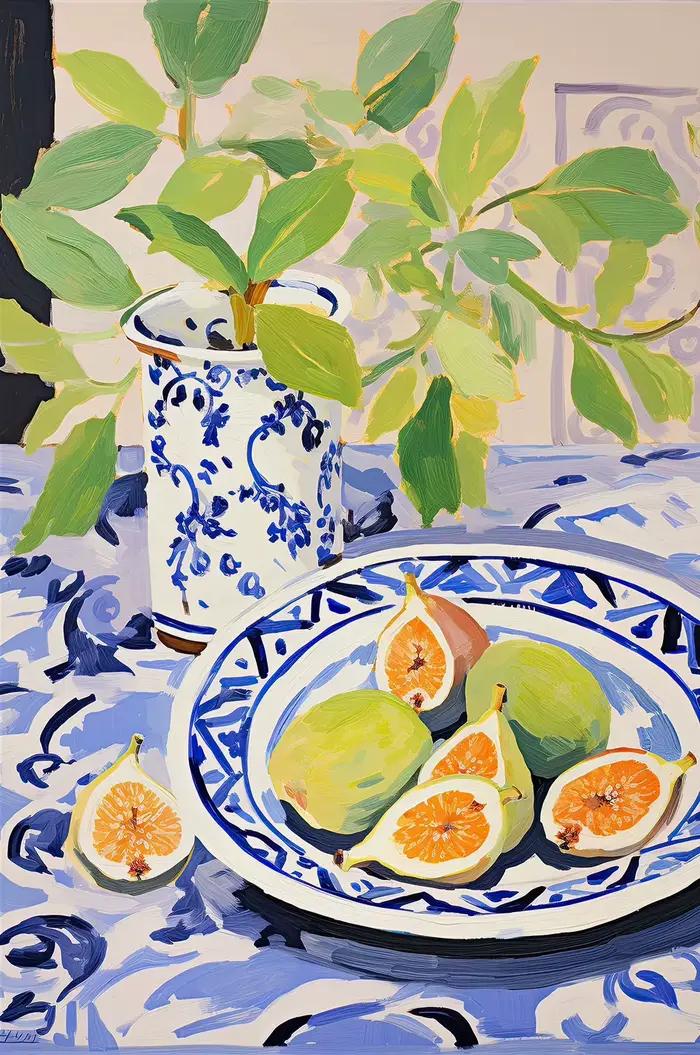 Affiche abstraite de marché aux fruits, figue, citrons, fraises, pêches, peinture sur toile imprimée