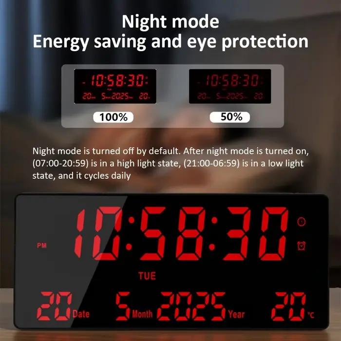 Horloge murale numérique LED de 15 pouces avec télécommande - 8 alarmes, affichage de la température, veilleuse à gradation automatique, fonction mémoire