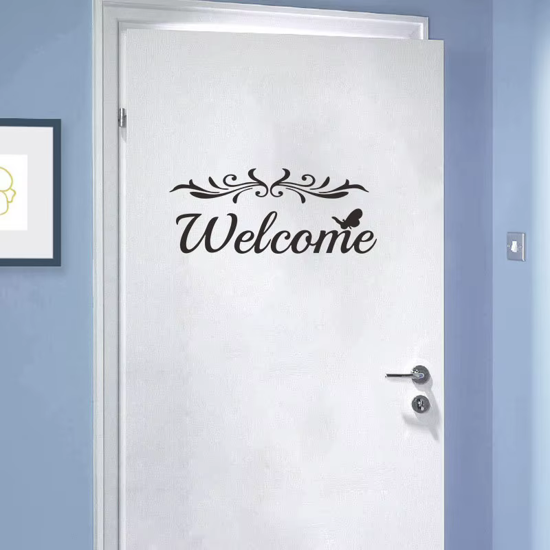 Autocollant de porte de bienvenue alphabet anglais, stickers muraux, papier peint, fleur, vigne, sal