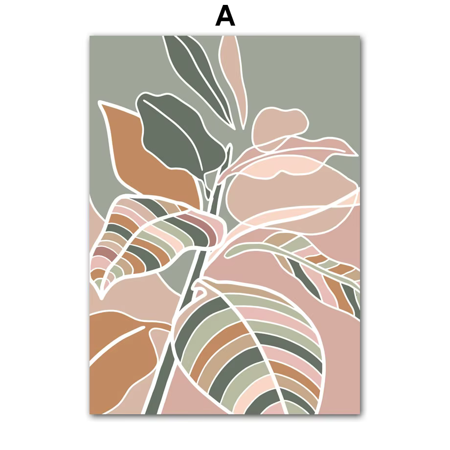 Affiches et impressions abstraites HD de feuilles et fleurs colorées scandinaves, peinture sur toile