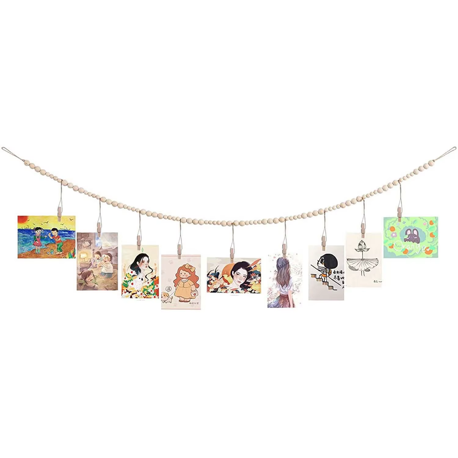 Présentoir de photo avec document en bois, ficelle de perles en chanvre, rangement de gland, clip de