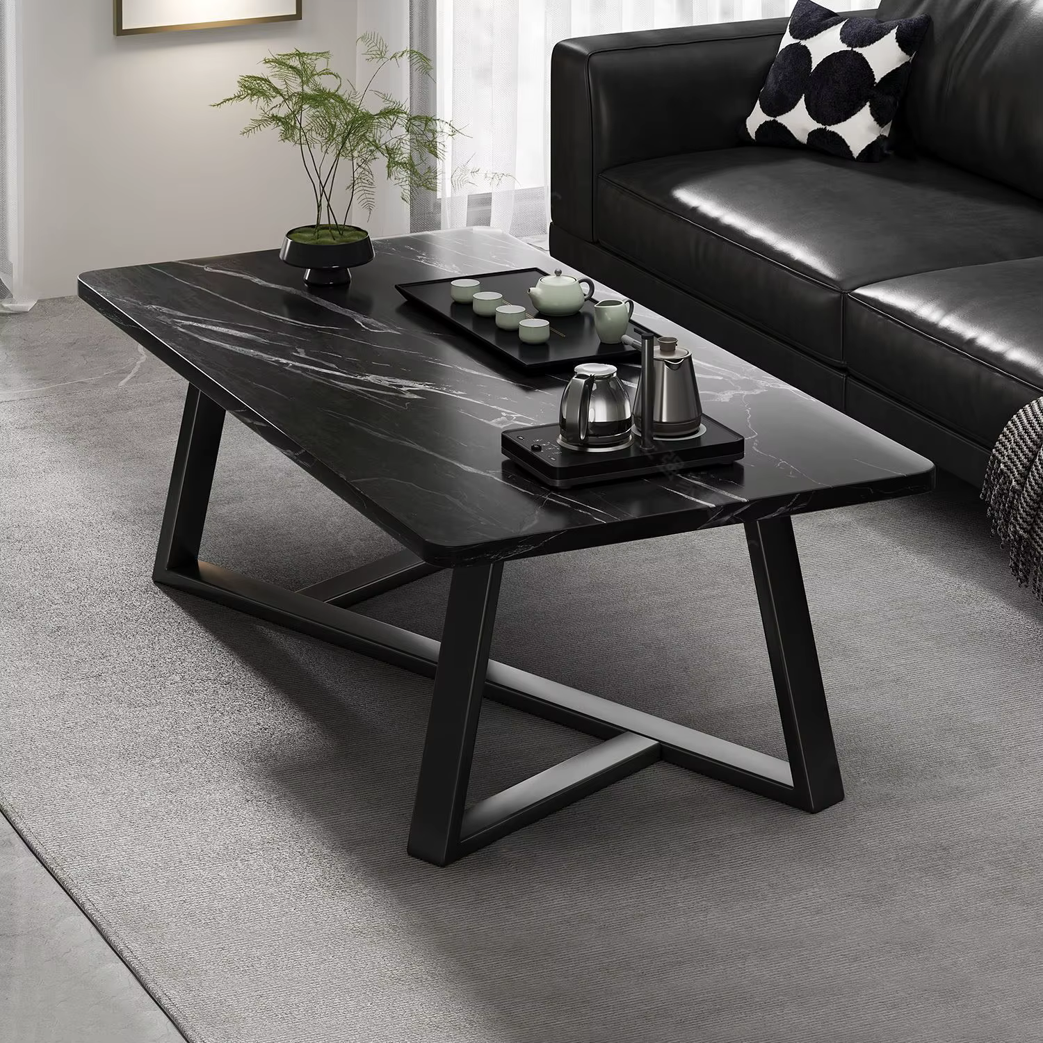 Table basse moderne avec plateau texturé en marbre, cadre en métal robuste, assemblage facile, meubl