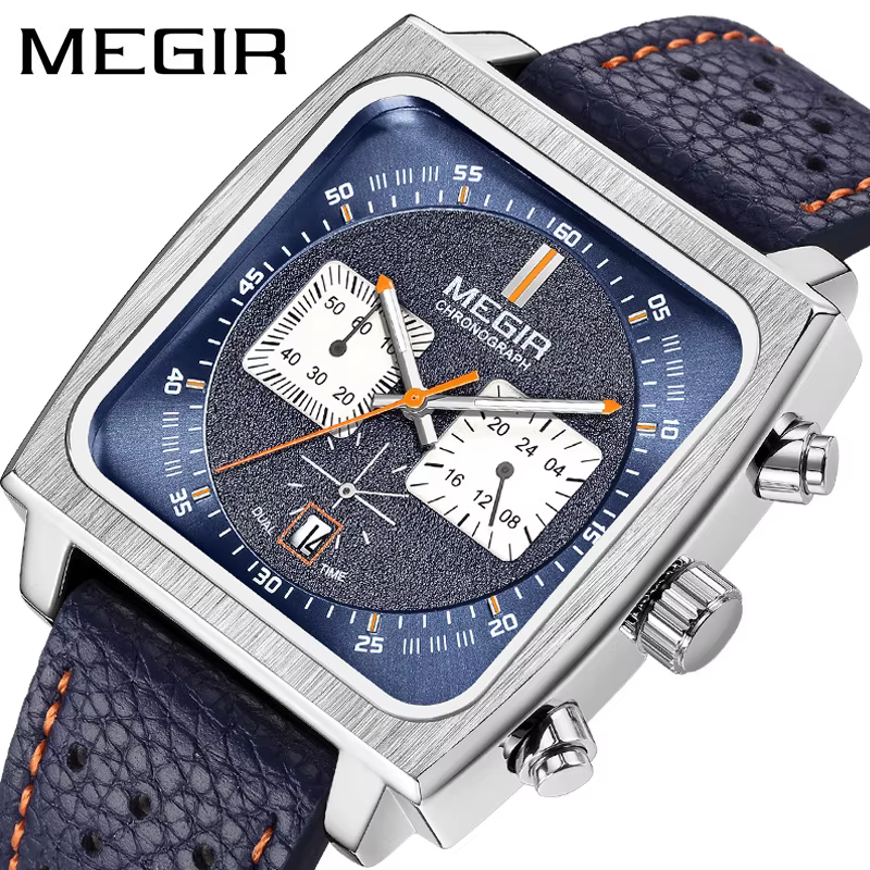Montre à quartz pour homme MEGIR 2182 avec cadran carré, élégante et tendance, chronographe avec dat