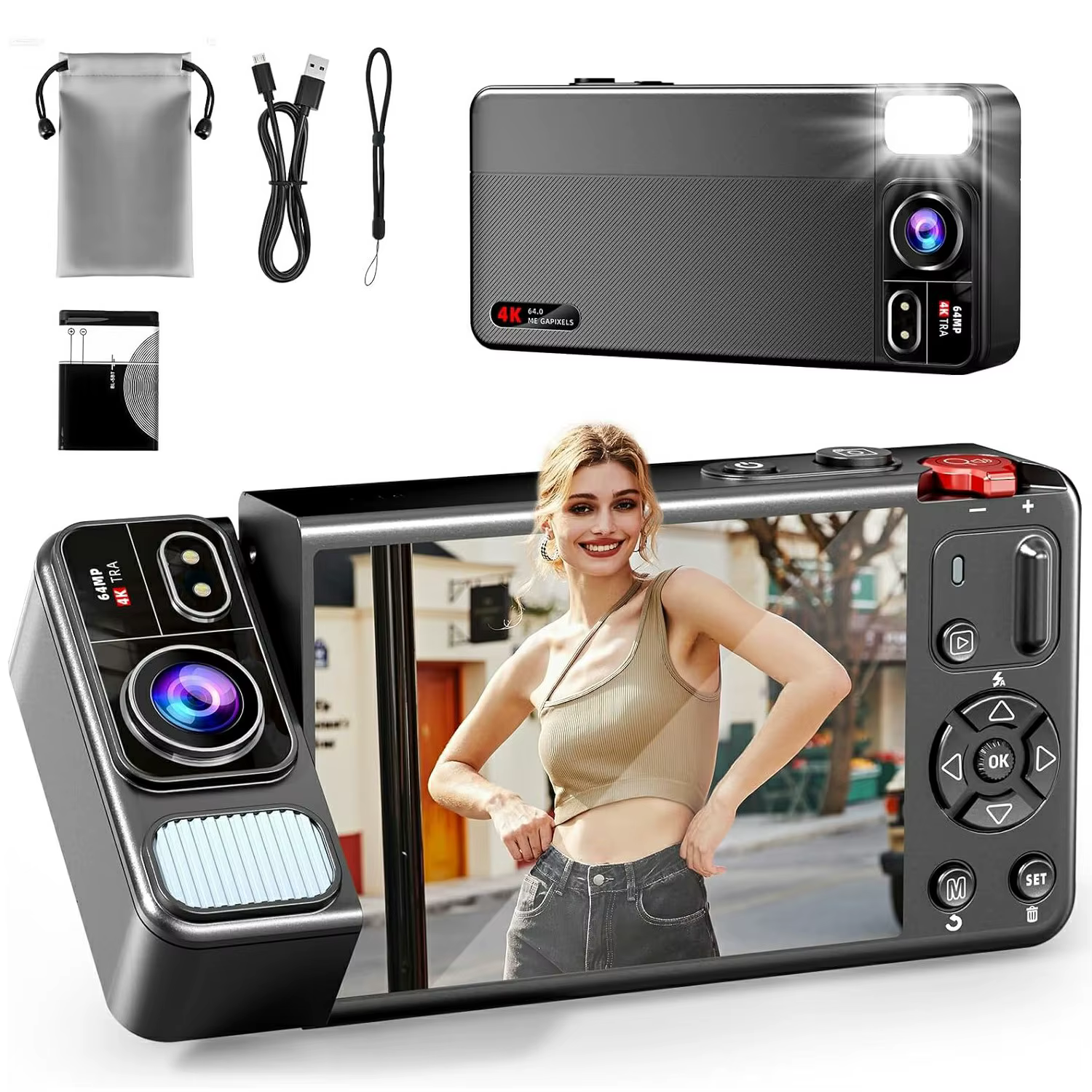 Appareil photo numérique 4K 64MP pour la photographie 270 ° Caméra Vlogging à écran rabattable, mise