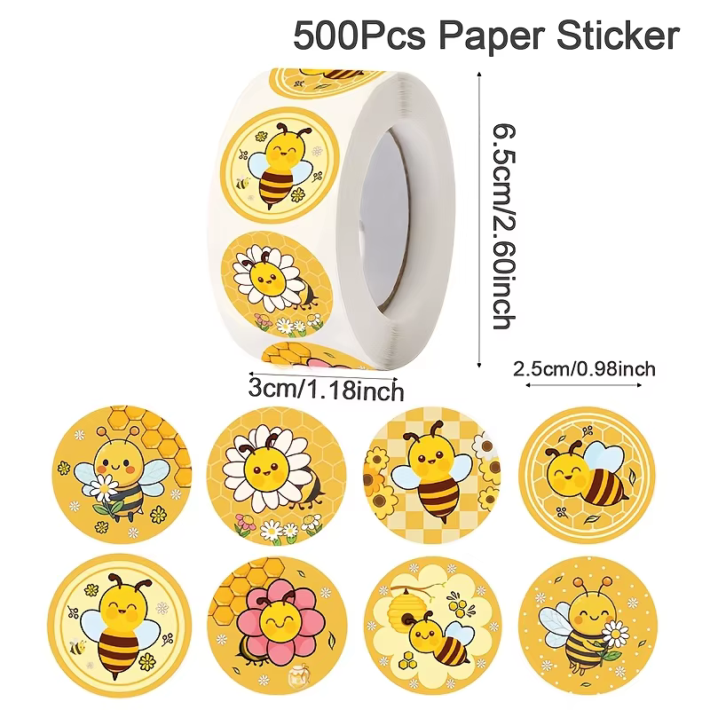 500 autocollants en rouleau Abeilles Cartoon, étiquettes récompense Abeilles, autocollants imperméab