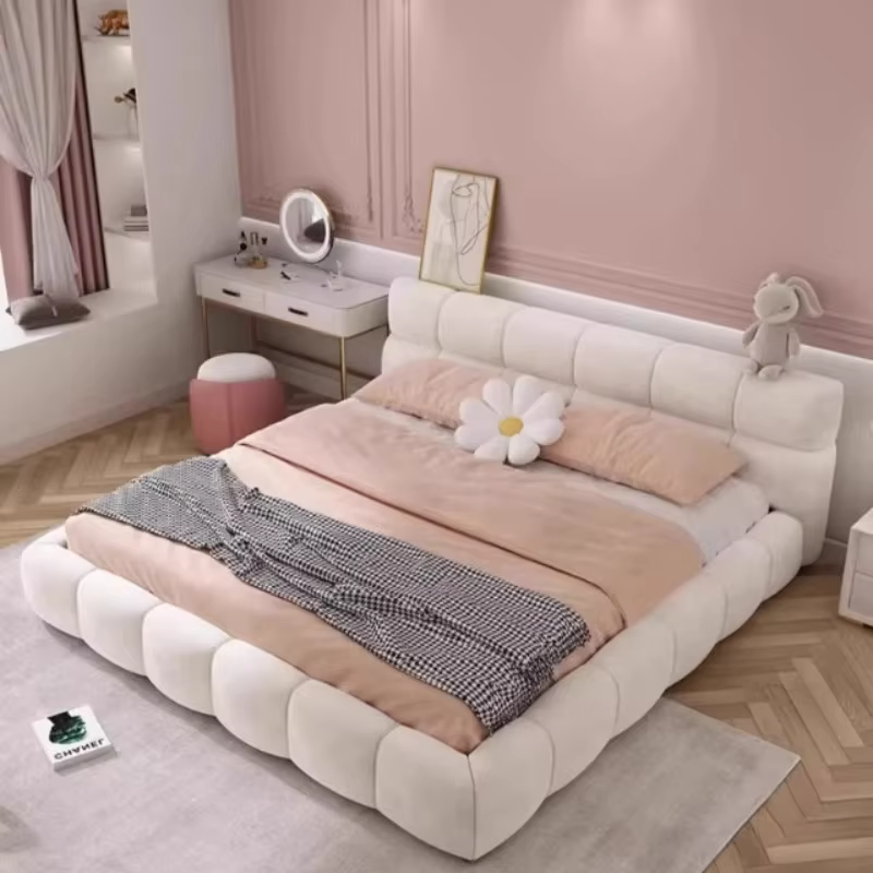 Lit double avec cadre, tête de lit esthétique, tables de chevet pour enfants, rangement intégré, mob