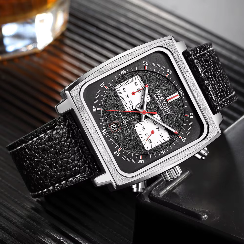 MEGIR cadran carré chronographe montres à Quartz pour hommes mode bracelet en cuir bleu montre-brace