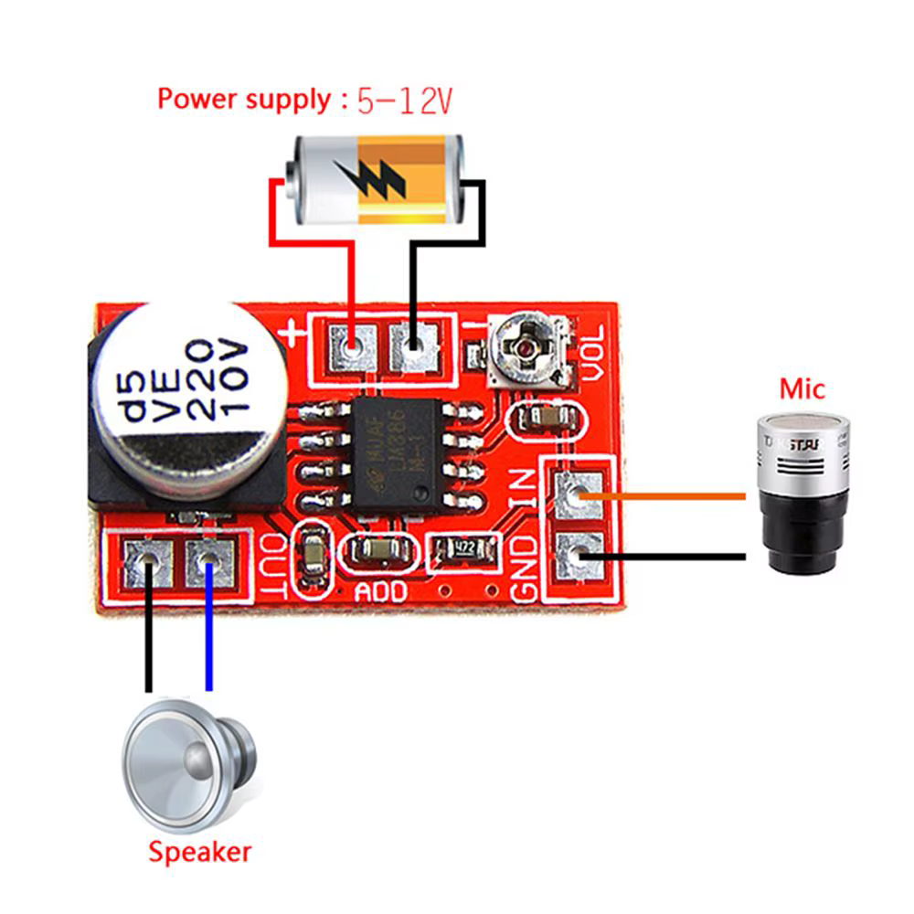 Carte amplificateur DC 5V-12V réglable et pratique pour mini microphone à condensateur électret