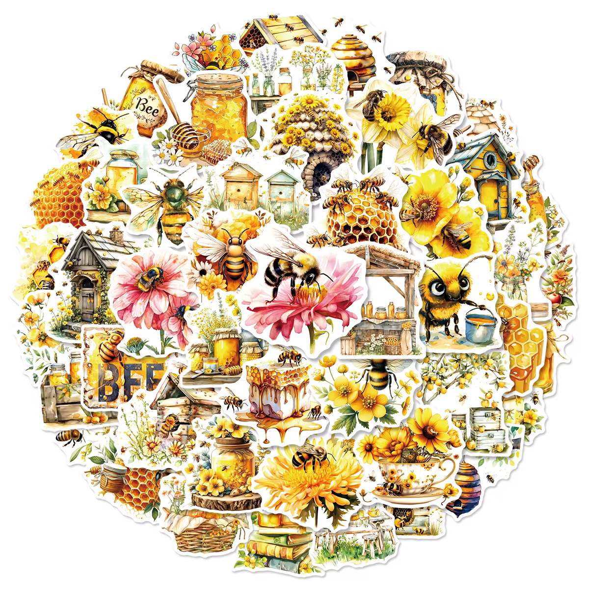 50 autocollants mignons en forme d'abeille, de pot de miel, imperméables, pour valise, papeterie, gr