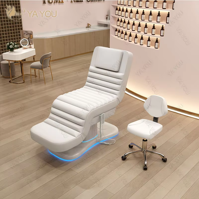 Table de massage électrique à 3 moteurs avec éclairage LED, chaise faciale noire côtelée, mobilier d
