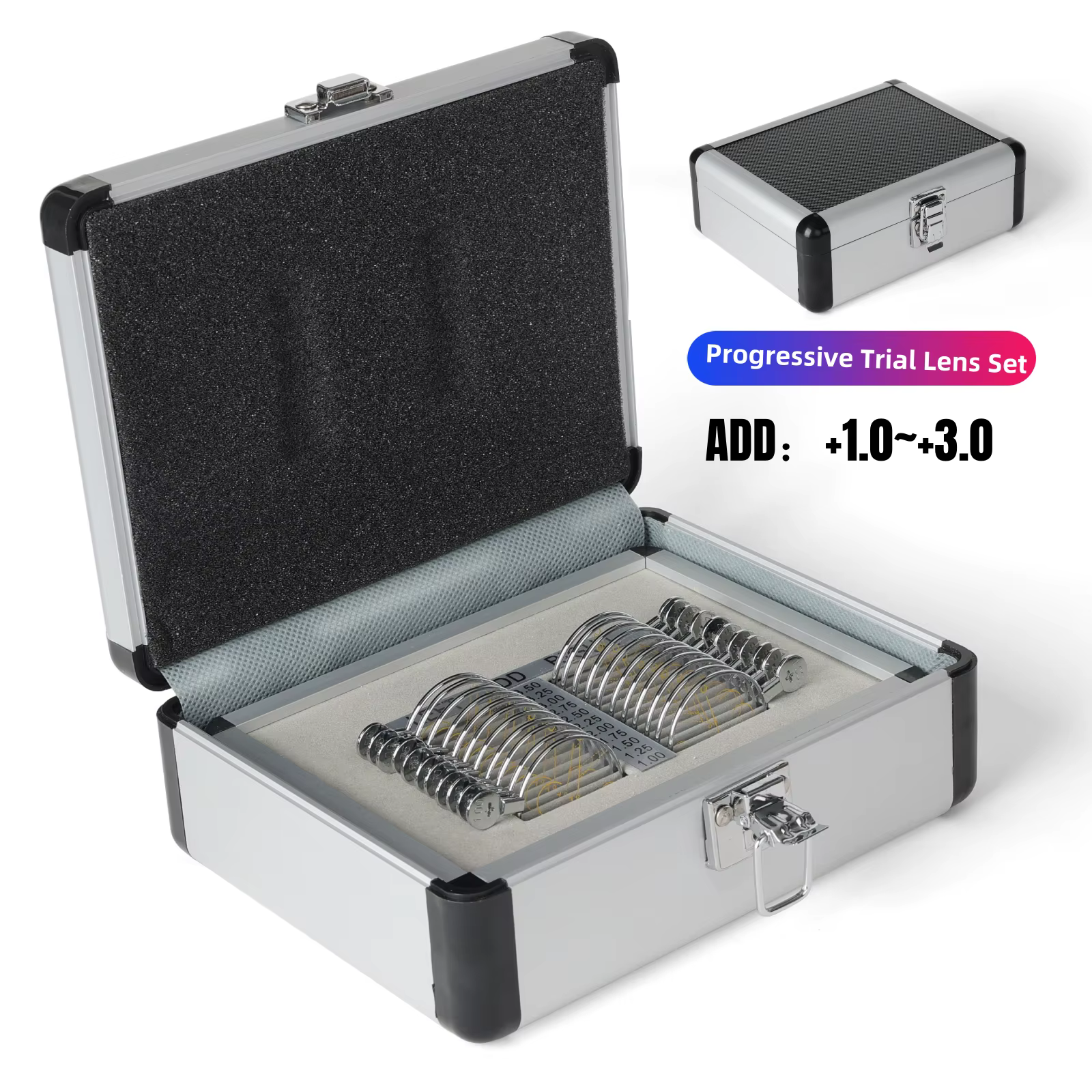 Ensemble de lentilles d'essai d'optométrie progressive – Boîtier en aluminium 22 pièces avec bagues 