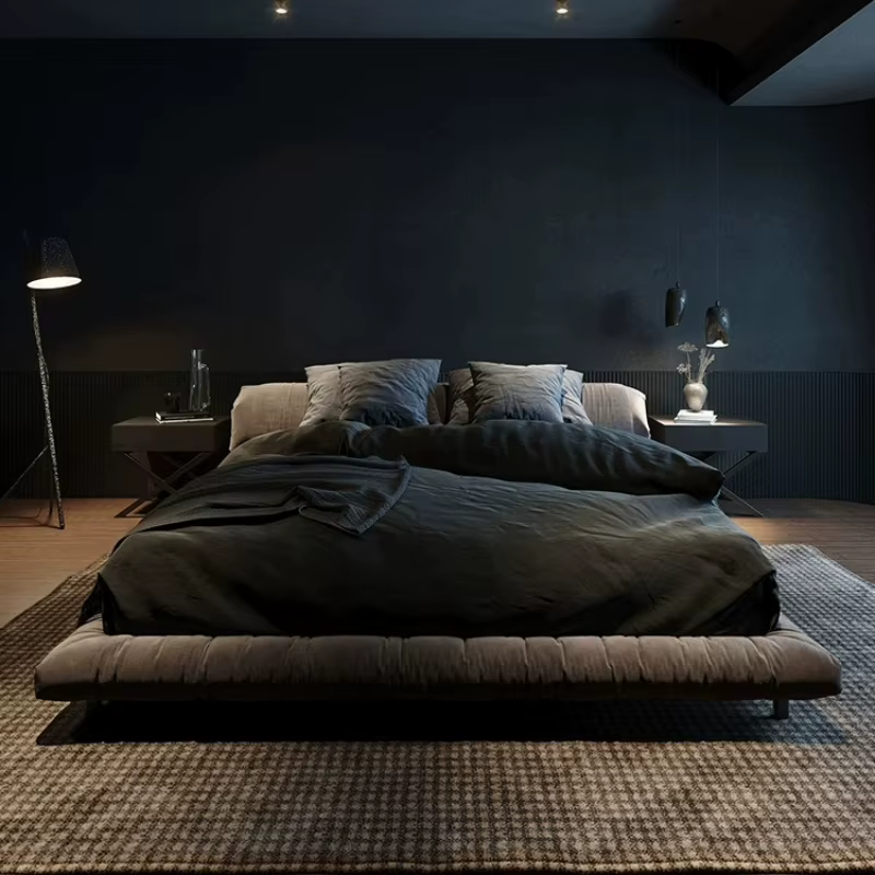 Lit moderne 200x220cm avec cadre en bois gris, lit double plateforme, lit tatami au sol, lit queen,
