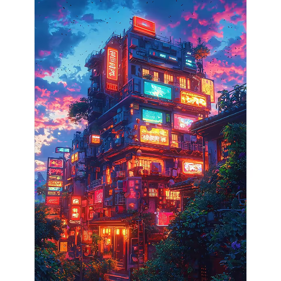 Diamant peinture plein carré ville nuit Cyberpunk ville néon paysage futuriste décor à la maison cad