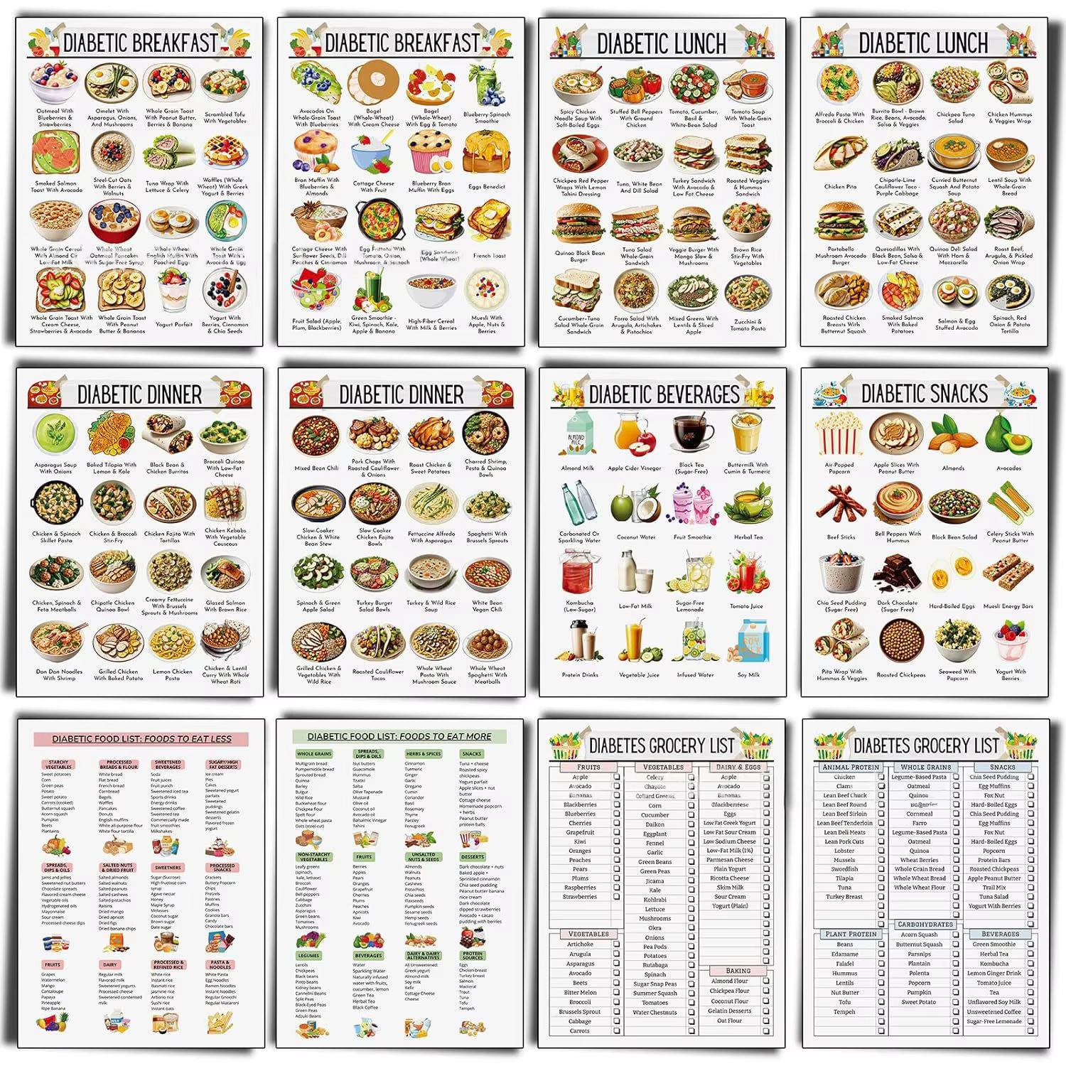 12 pièces liste de nourriture pour le diabète tableau de repas pour le diabète informations petit dé