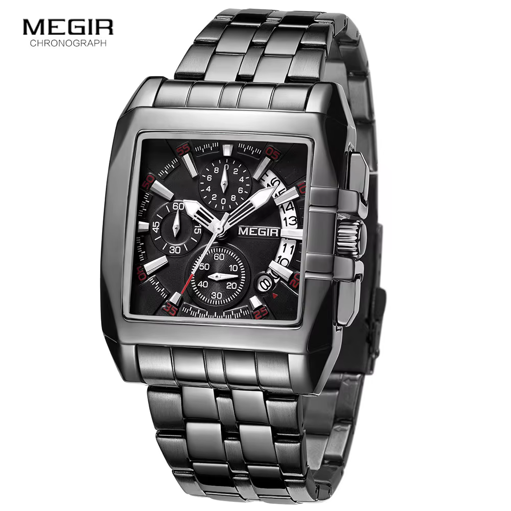 MEGIR montres noires complètes hommes montre à Quartz chronographe de luxe pour homme cadran carré montre-bracelet lumineuse Relogios Часы mужjavе Reloj