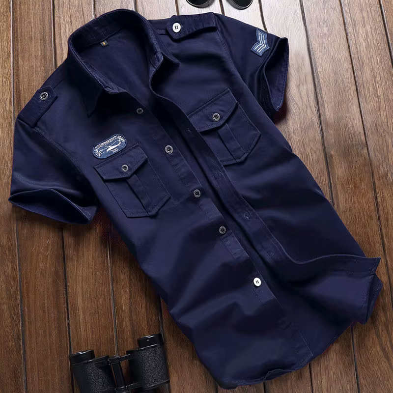 Chemise Militaire à Manches Courtes pour Homme, Vêtement d'Été, Couleur Unie, Haute Qualité, 100% Coton, Poche 5XL, Grande Taille