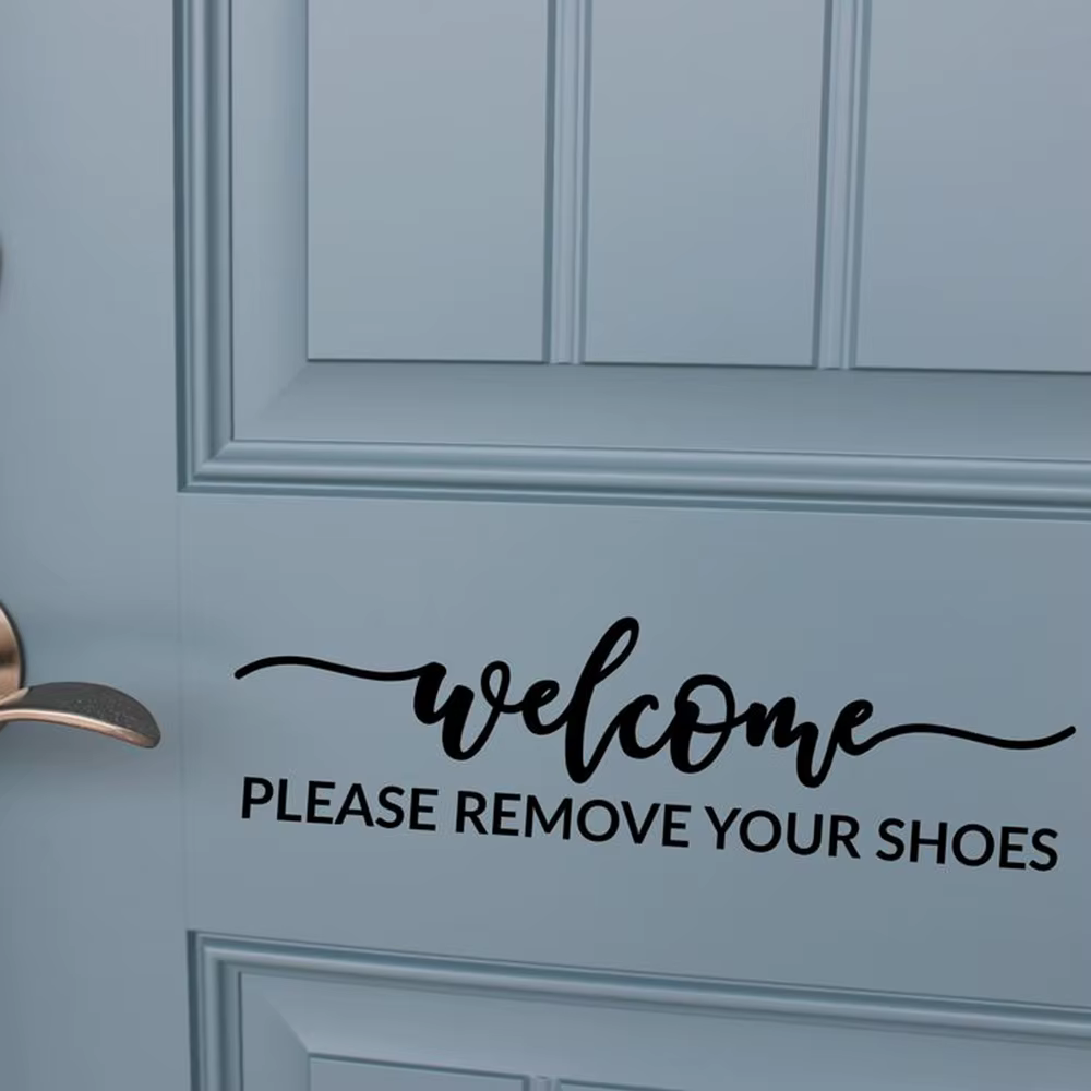 Autocollant de bienvenue pour porte d'entrée, veuillez retirer vos chaussures, autocollant de salle de boue, intérieur, extérieur, amical, ménage, signe de bienvenue, décor