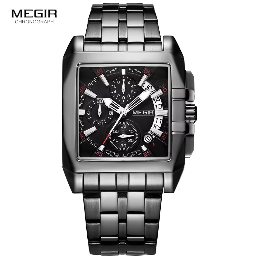 MEGIR montres noires complètes hommes montre à Quartz chronographe de luxe pour homme cadran carré montre-bracelet lumineuse Relogios Часы mужjavе Reloj