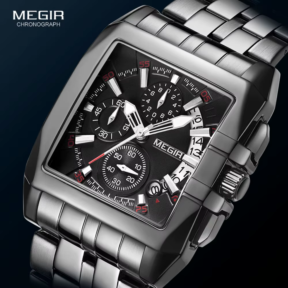 MEGIR montres noires complètes hommes montre à Quartz chronographe de luxe pour homme cadran carré montre-bracelet lumineuse Relogios Часы mужjavе Reloj