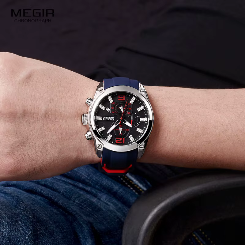 Megir montre à quartz analogique chronographe pour homme avec date, aiguilles lumineuses, bracelet en caoutchouc de silicone étanche pour homme