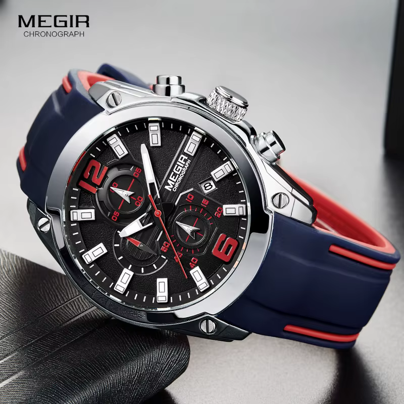 Megir montre à quartz analogique chronographe pour homme avec date, aiguilles lumineuses, bracelet en caoutchouc de silicone étanche pour homme
