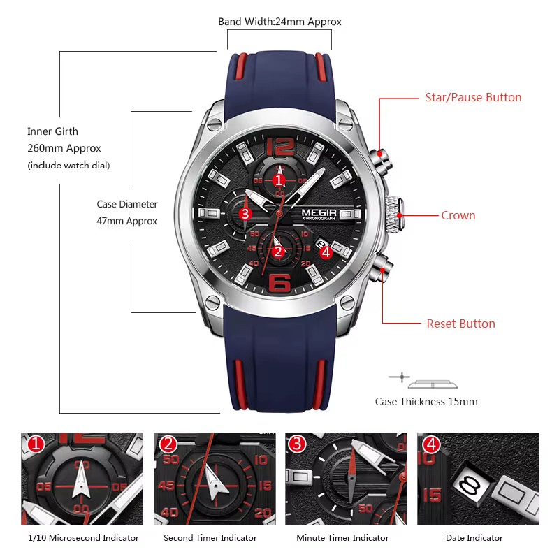 Megir montre à quartz analogique chronographe pour homme avec date, aiguilles lumineuses, bracelet en caoutchouc de silicone étanche pour homme