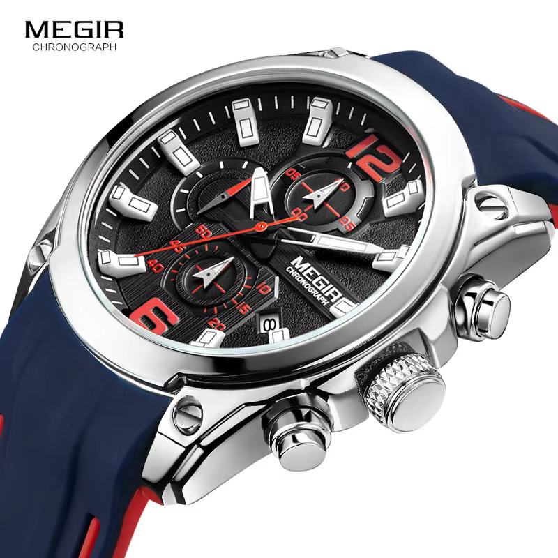 Megir montre à quartz analogique chronographe pour homme avec date, aiguilles lumineuses, bracelet en caoutchouc de silicone étanche pour homme