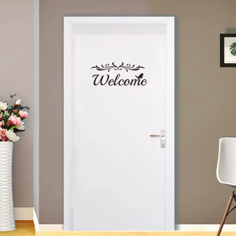 Autocollant de porte de bienvenue alphabet anglais, stickers muraux, papier peint, fleur, vigne, salon, décoration de la maison