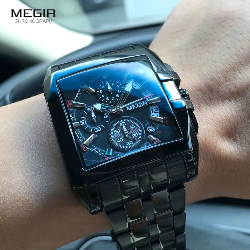 MEGIR montres noires complètes hommes montre à Quartz chronographe de luxe pour homme cadran carré montre-bracelet lumineuse Relogios Часы mужjavе Reloj
