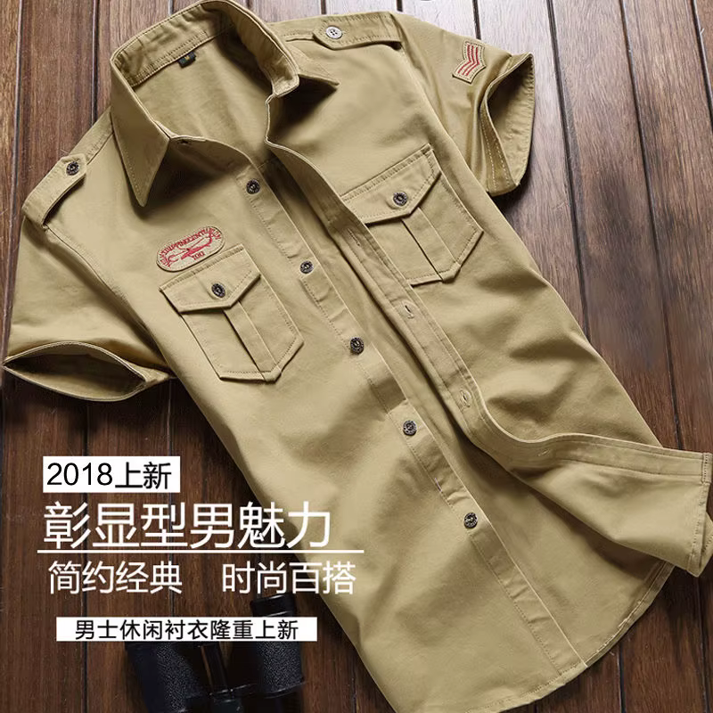 Chemise Militaire à Manches Courtes pour Homme, Vêtement d'Été, Couleur Unie, Haute Qualité, 100% Coton, Poche 5XL, Grande Taille