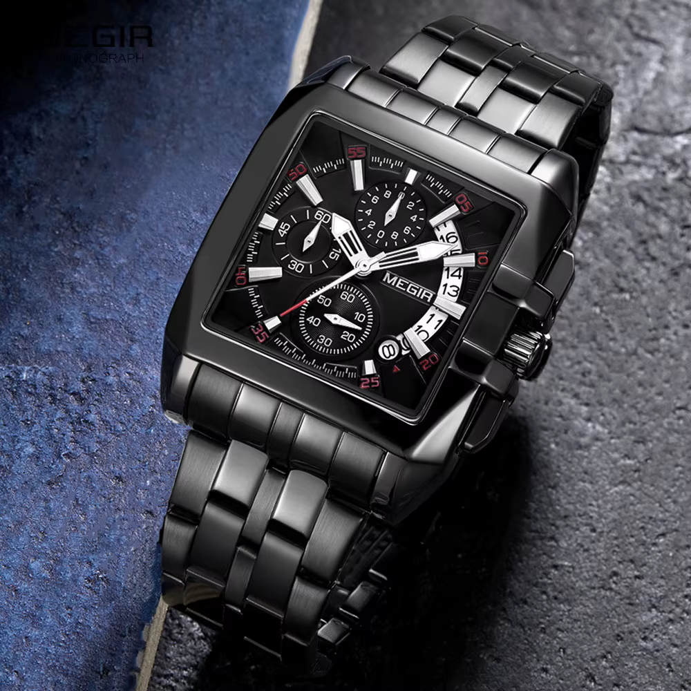 MEGIR montres noires complètes hommes montre à Quartz chronographe de luxe pour homme cadran carré montre-bracelet lumineuse Relogios Часы mужjavе Reloj