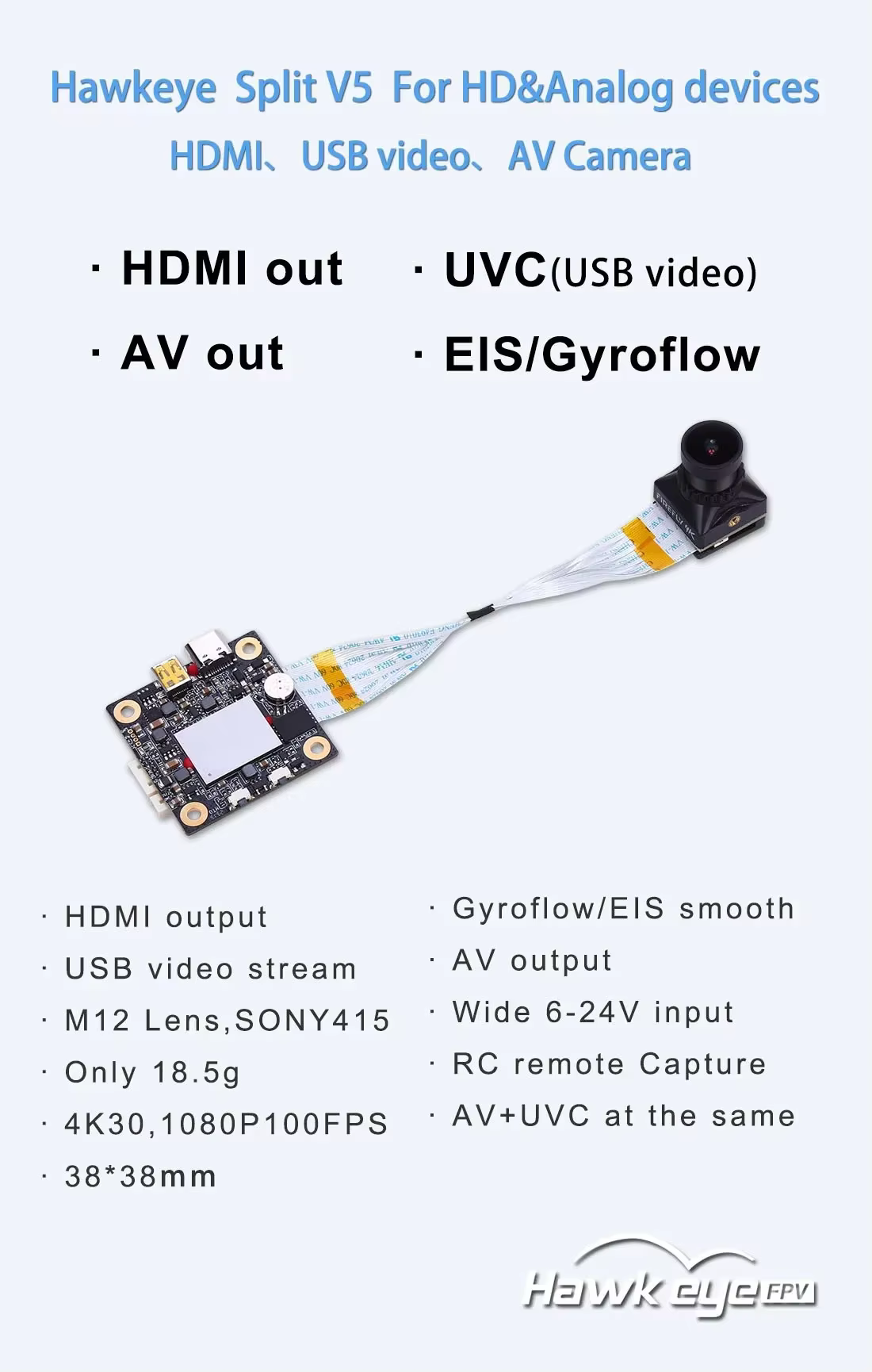 Hawkeye 4K Split V5 caméra HDMI 100FPS sortie USB AV EIS/Gyroflow lisse 6-24V entrée PAL/NTSC VTX pour Drone de course RC FPV