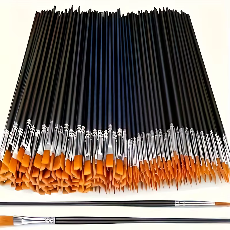 100 pinceaux en nylon noir avec pointes plates et rondes, adaptés à la peinture à l'huile, à l'aquarelle et à la toile