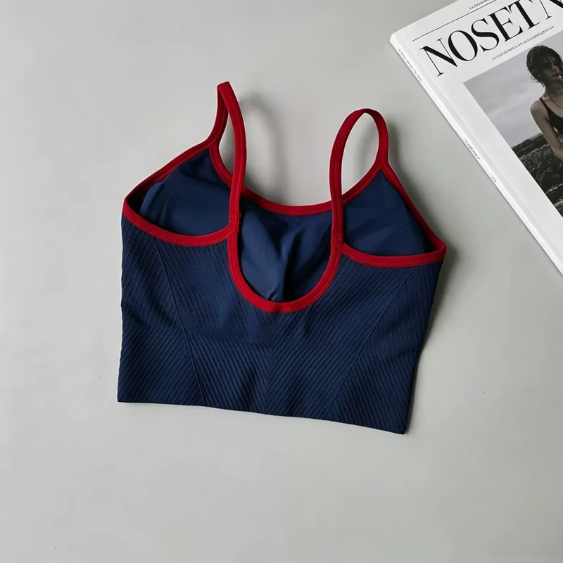Soutien-gorge de sport côtelé colorblock pour femme, haut court de yoga brodé sans armatures avec coussinets rembourrés pour la gym et le fitness