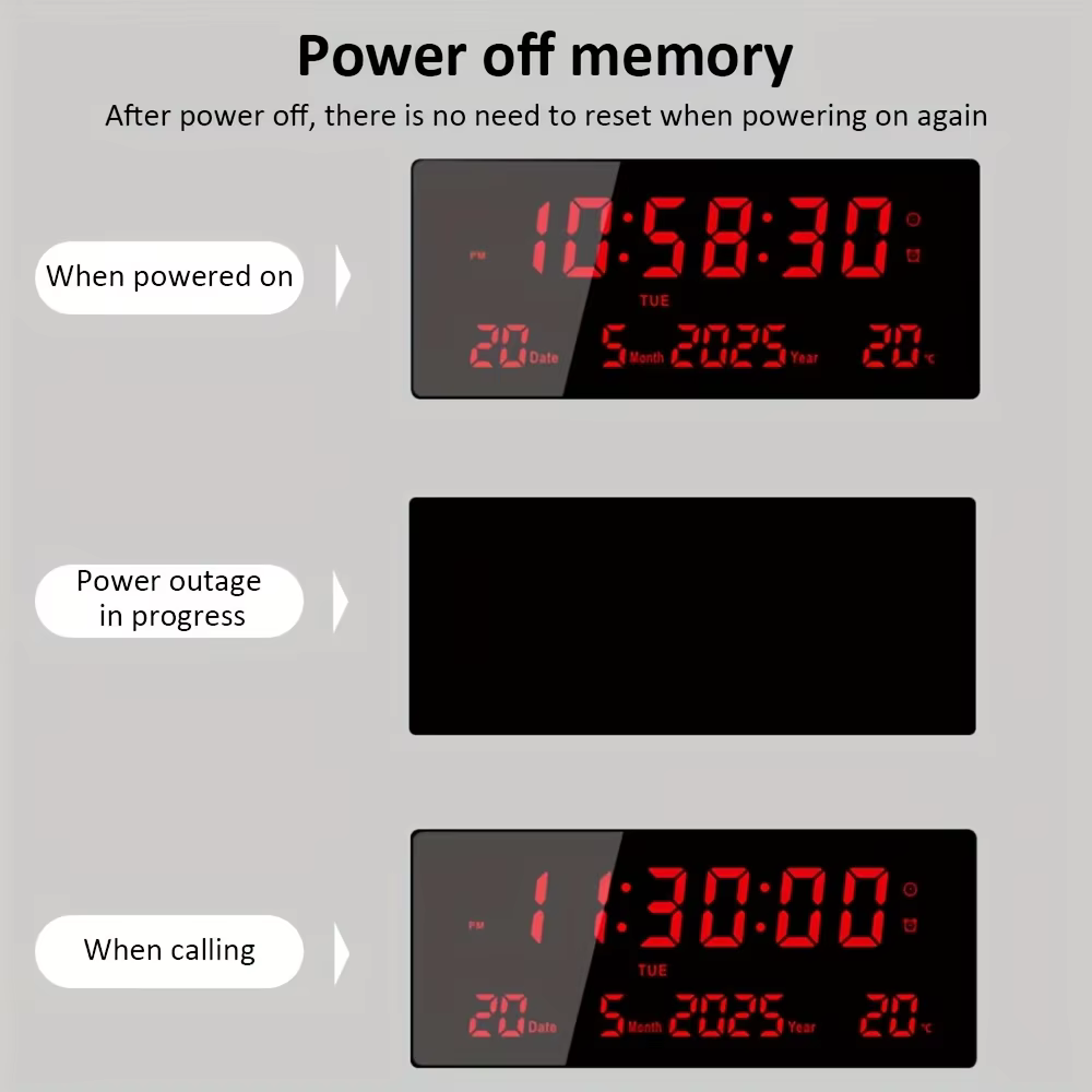 Horloge murale numérique LED de 15 pouces avec télécommande - 8 alarmes, affichage de la température, veilleuse à gradation automatique, fonction mémoire