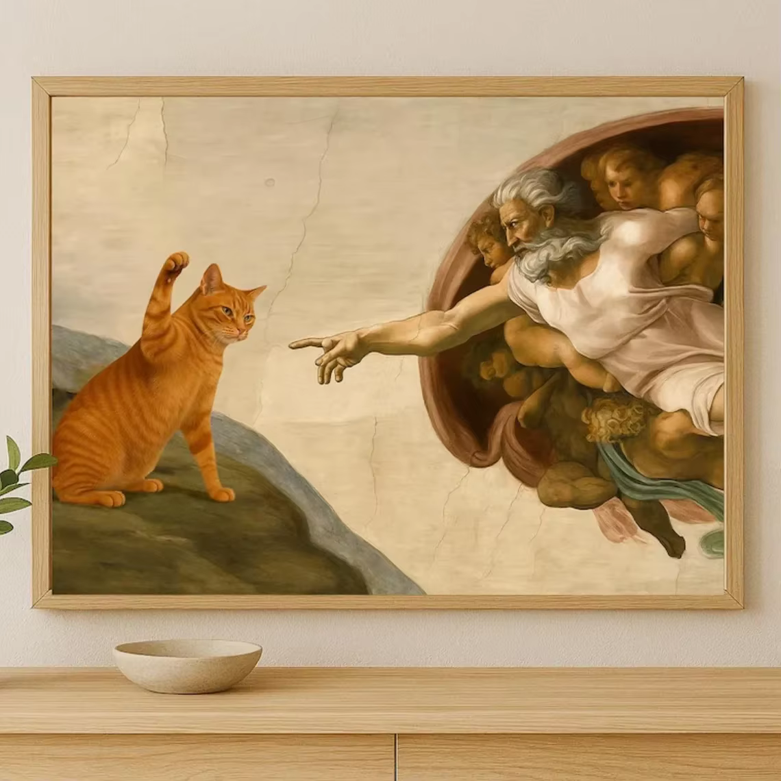 Peinture sur toile sans cadre grand format 1 pièce "Création d'Adam" fantaisiste avec chat orange, décoration murale - Parodie d'art classique Po