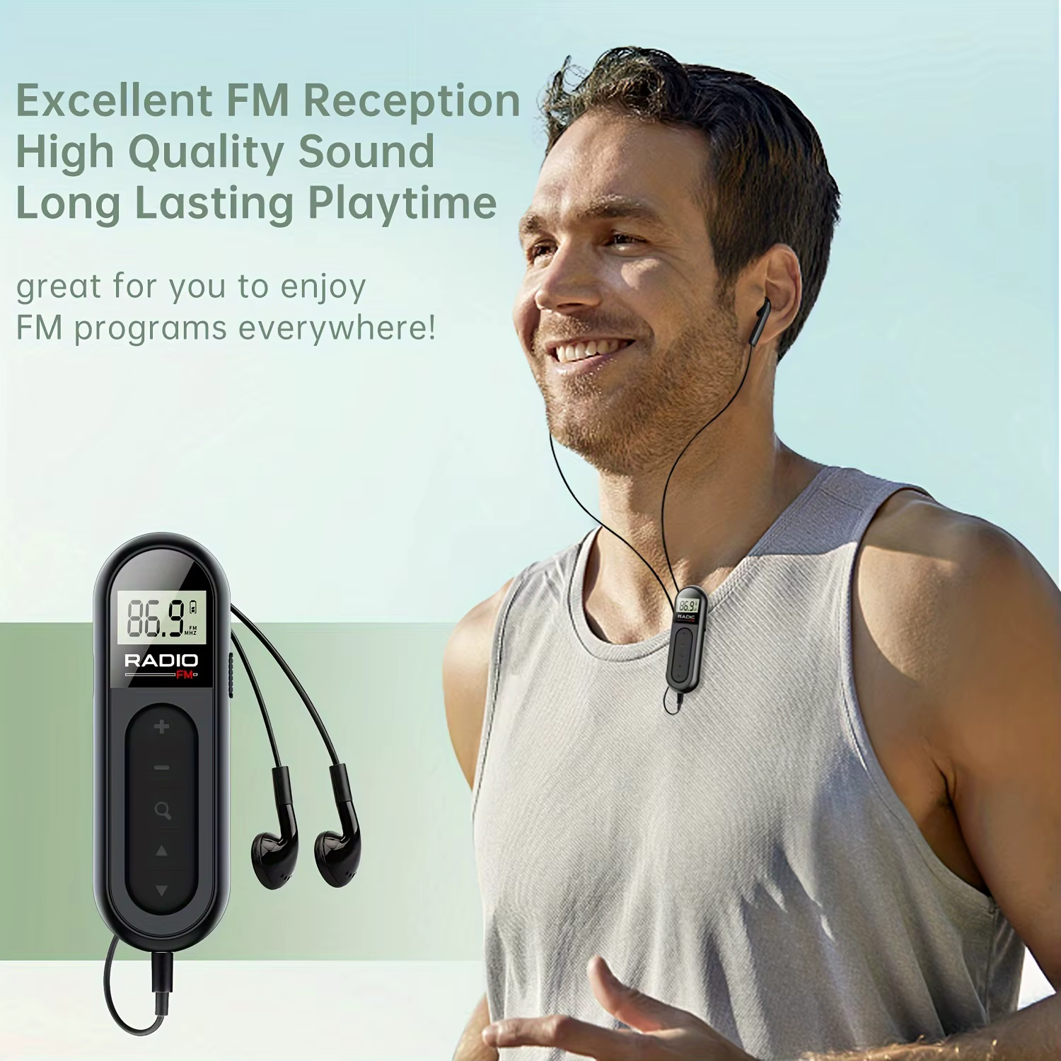 Radio de poche FM portable, aste, meilleure réception, réglage numérique, écran LCD, clip de ceinture, son stéréo, écouteur Jac