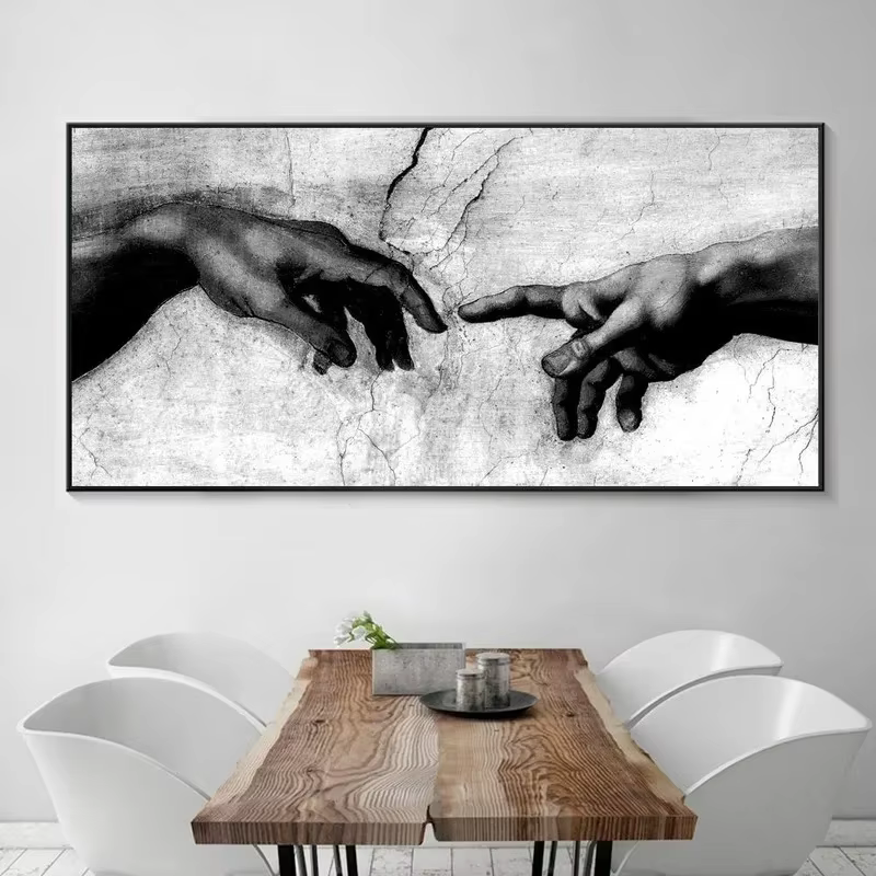 Main de dieu, création d'adam, peinture sur toile noire et blanche imprimée sur images d'art murales de Canavs pour décor de salon (sans cadre)