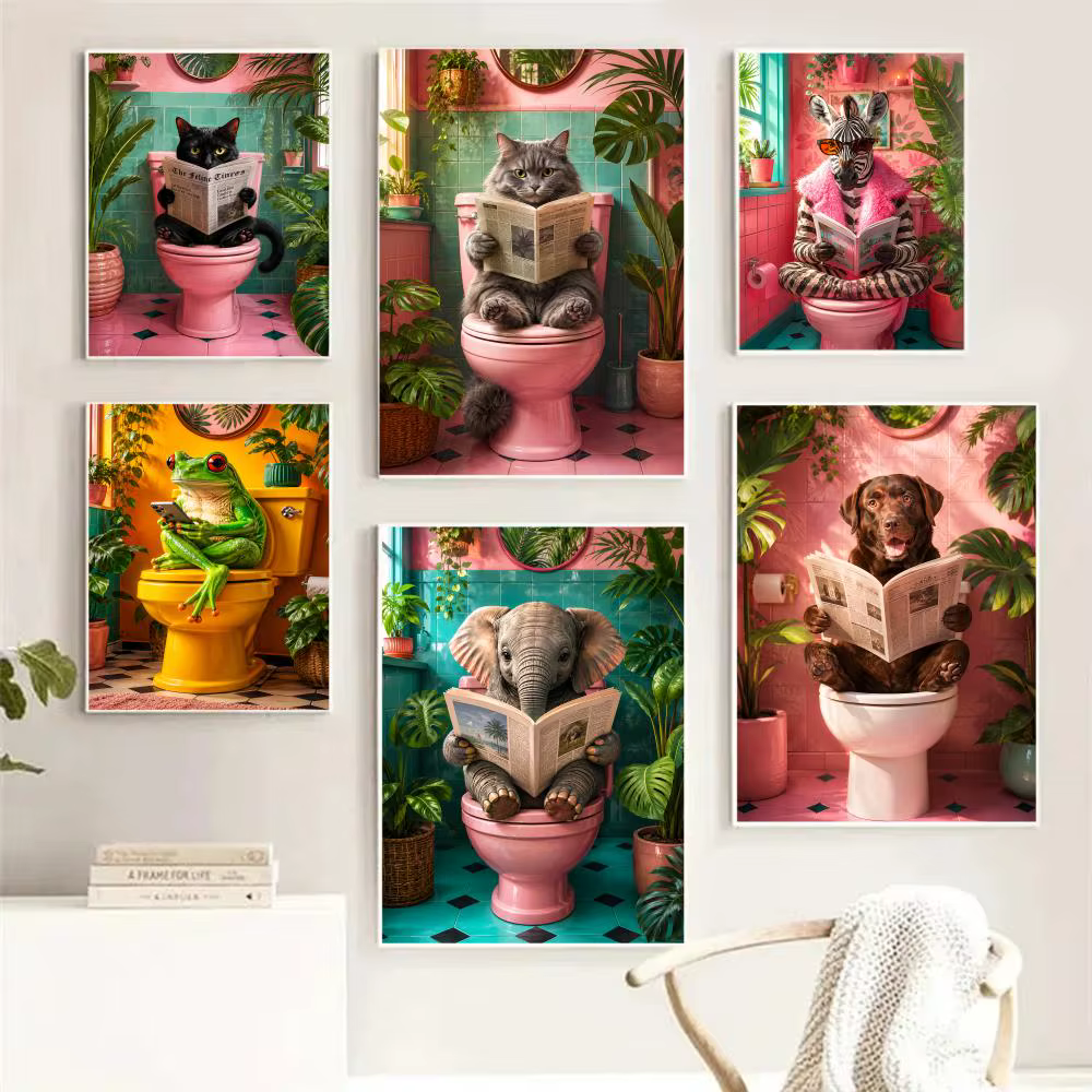 Tableau mural sur toile avec chat de salle de bain lisant sur les toilettes, calligraphie, pour décoration intérieure de chambre et maison