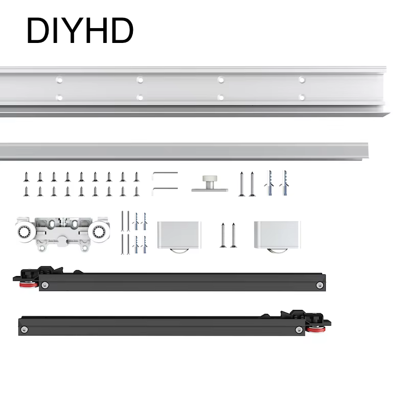 Kit de quincaillerie pour porte de grange dissimulée DIYHD 42'' (106 cm) avec fermeture amortie, rail flottant invisible à montage mural, compatible avec ouvertures de 34'' à 38'' (86-96 cm)