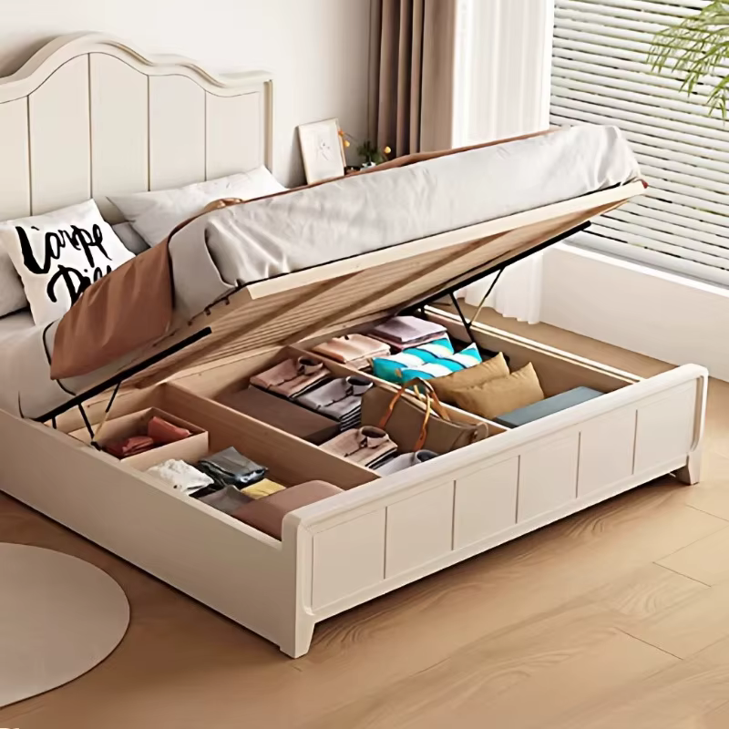 Lit blanc élégant, cadre minimaliste au design unique, lit de luxe crème, style lounge français, avec tête de lit et sommier intégré, pour chambre à coucher, mobilier de chambre.