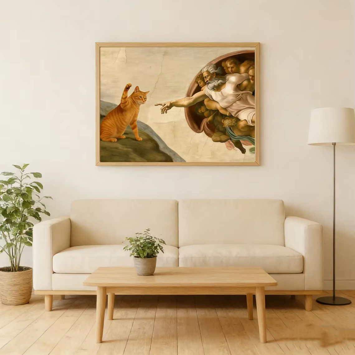 Peinture sur toile sans cadre grand format 1 pièce "Création d'Adam" fantaisiste avec chat orange, décoration murale - Parodie d'art classique Po