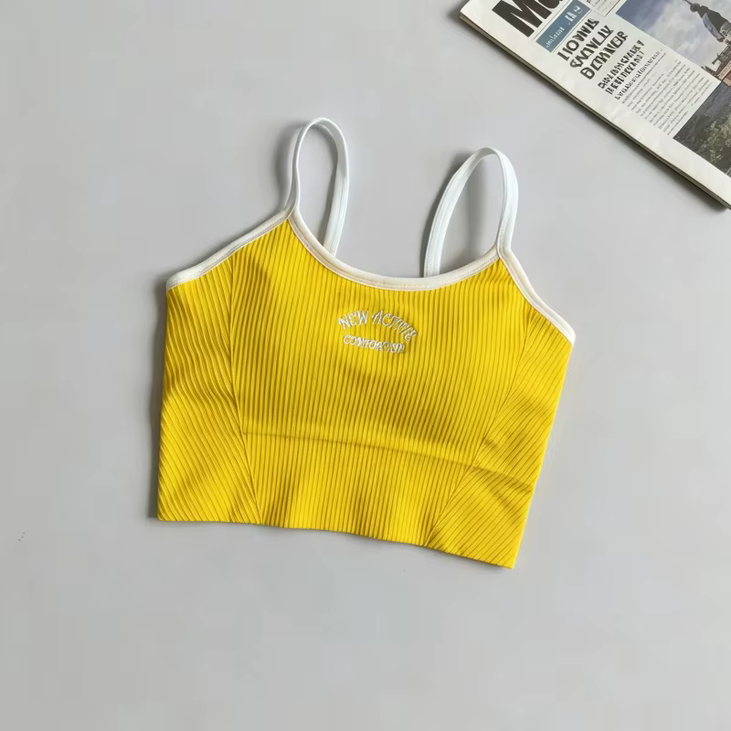 Soutien-gorge de sport côtelé colorblock pour femme, haut court de yoga brodé sans armatures avec coussinets rembourrés pour la gym et le fitness