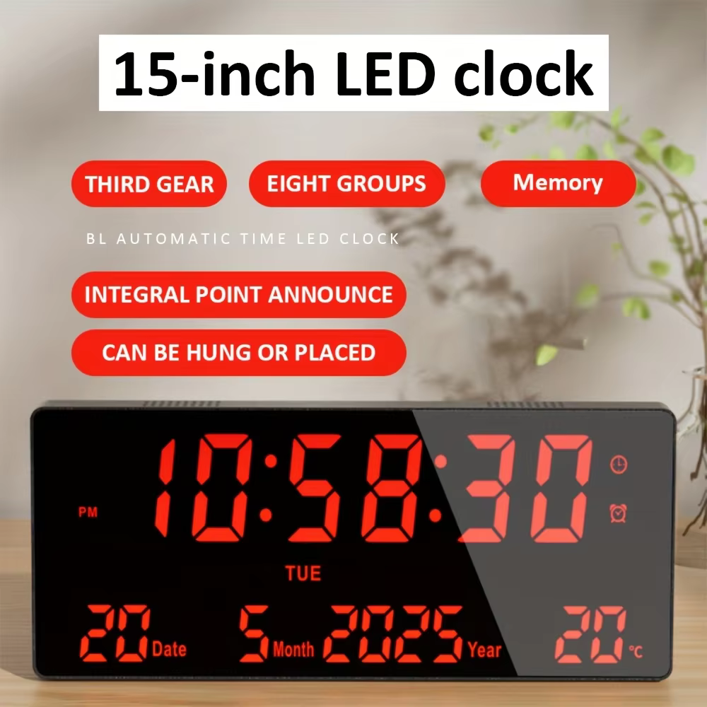 Horloge murale numérique LED de 15 pouces avec télécommande - 8 alarmes, affichage de la température, veilleuse à gradation automatique, fonction mémoire