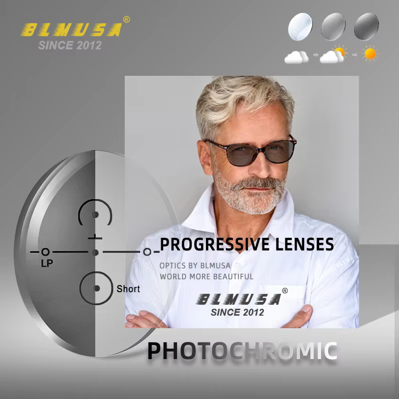 BLMUSA Anti rayons de lumière bleue série photochromique lentille progressive 1.56 1.61 1.67 1.74 lentilles asphériques en résine CR-39 de Prescription