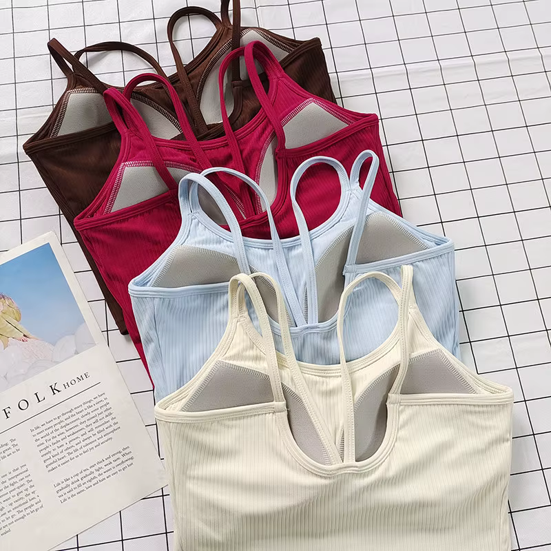 Soutien-gorge de sport côtelé à dos nageur pour femme avec bonnets fixes et coussinets intégrés - Antichoc, léger pour les entraînements de yoga, de pilates et de gymnastique