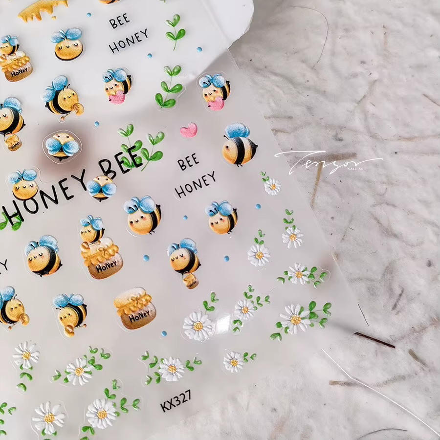 Pot de miel d'abeille mignon, fleurs de marguerite, Pot de miel, amour, cœur, feuilles vertes, Reliefs, autocollants auto-adhésifs pour Nail Art, décalcomanie de manucure