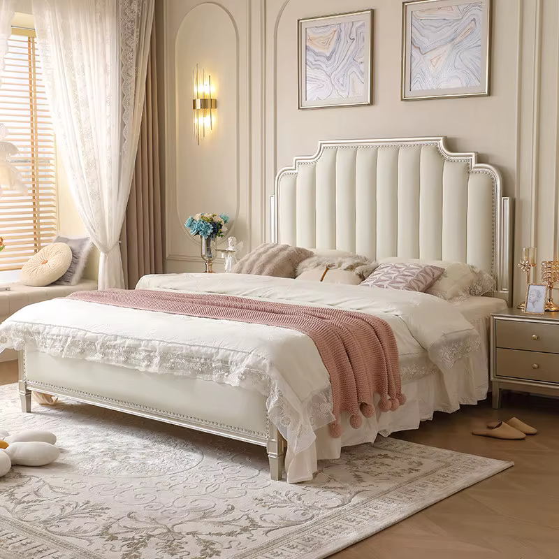 Lit King Size Blanc de Luxe en Bois, Cadre de Lit Double Moderne Européen, Chambre Princesse, Accessoires de Maison