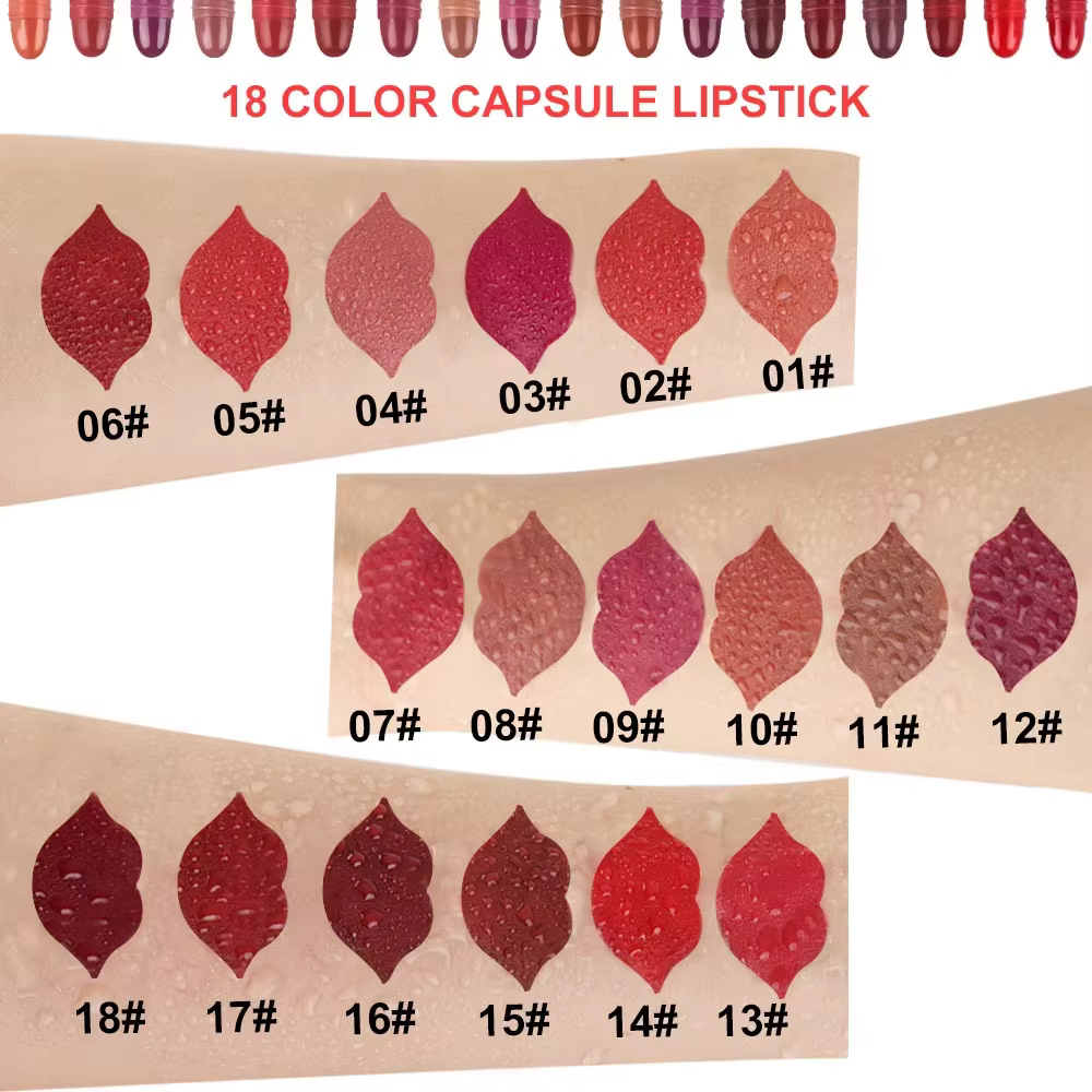 Lot de 18 pilules de rouge à lèvres capsules colorées, comprenant un brillant à lèvres imperméable et durable, un rouge à lèvres scintillant