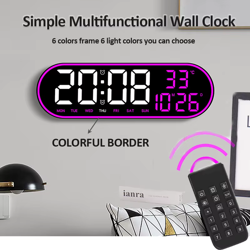 Grande horloge murale numérique de 15 pouces, horloge électronique LED avec cadre coloré, affichage de la température, de la Date, de la semaine, Snooze, double réveil